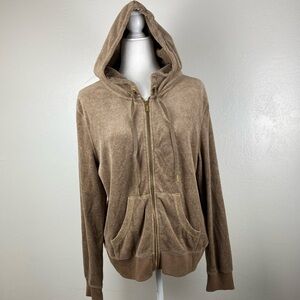 Calvin Klein‎ Velour Full zip Hooded Brown Tan Long sleeve Jacket women’s Large